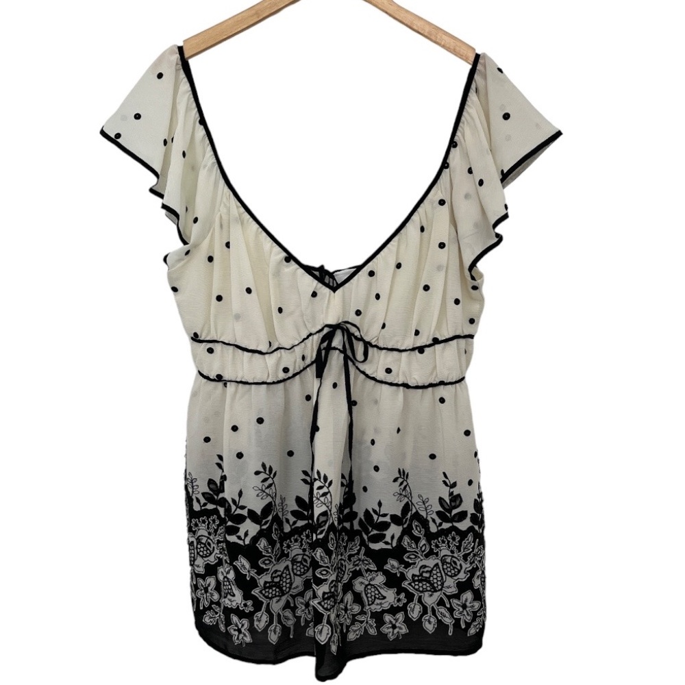 Anthropologie Ivory and Black Polka Dot Floral V-Neck Blouse